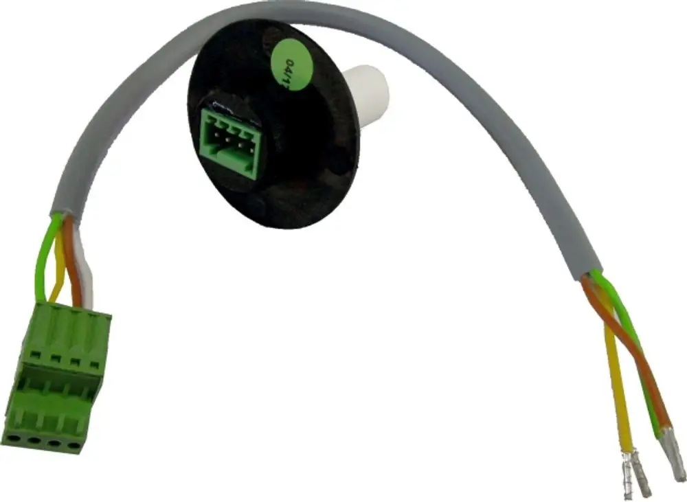 Feuchtesensor von Wolf mit einem runden Gehäuse und mehreren Drähten, einschließlich grüner Anschlussstecker und offenen Kabelenden für die elektrische Verbindung.